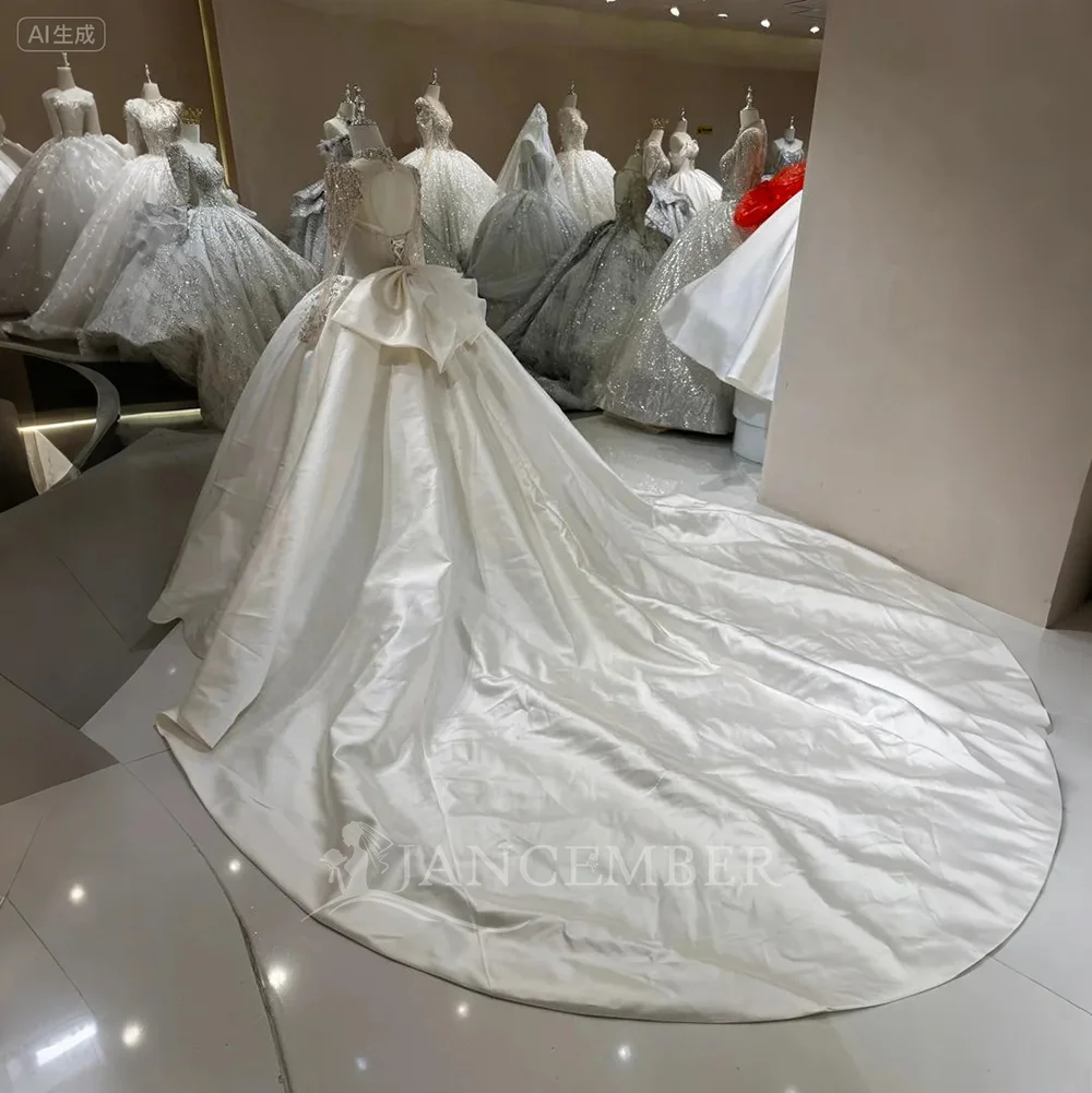 Stylish O-Neck Wedding Dress for Women Satin Backless Court Train Long Sleeves Ruffles Vestidos De Novia Customized