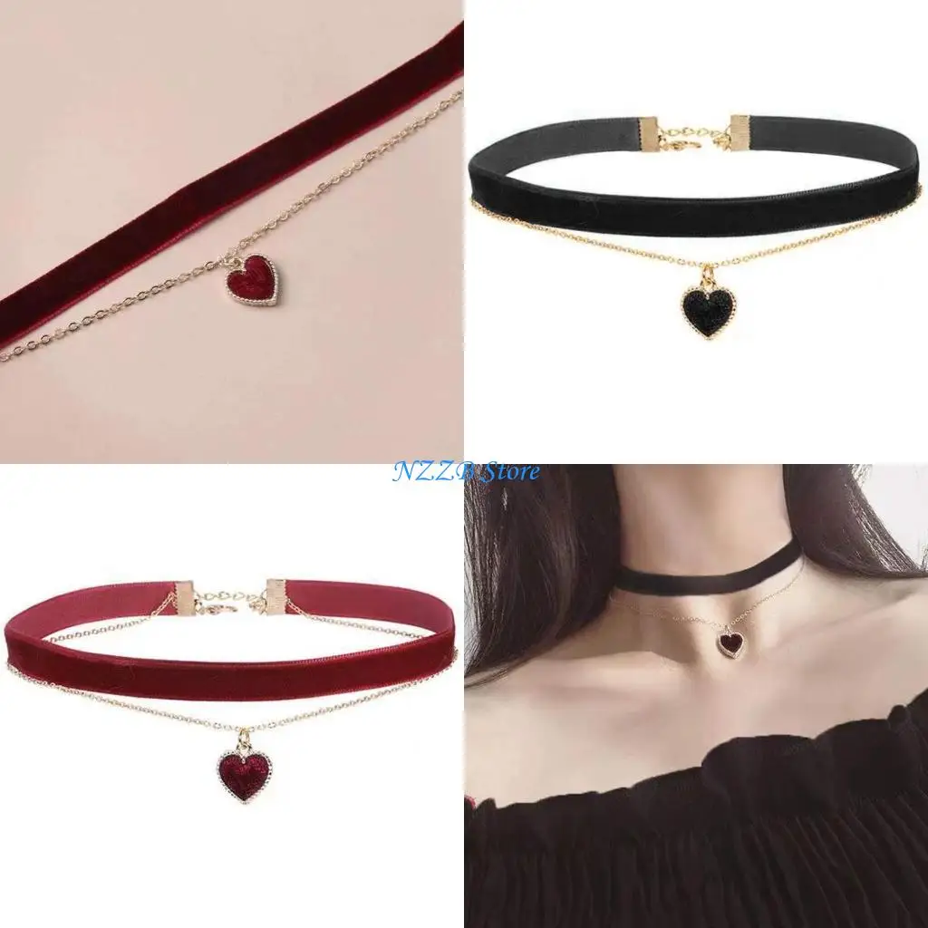 

T21F Exquisite Double Layer Necklace Love Heart Pendant Choker Collar Adjustable Clavicle Chain Sexy Short Chain Necklace
