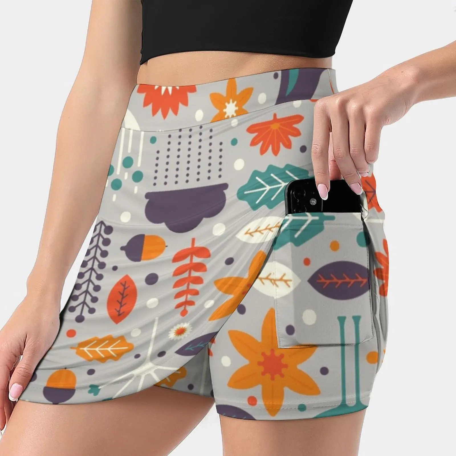 Women's Fashion Sporting Skirt With Pockets Tennis Golf Running Skirts Vector Floral Flower Bird Pattern Abstract Fauna Leaf