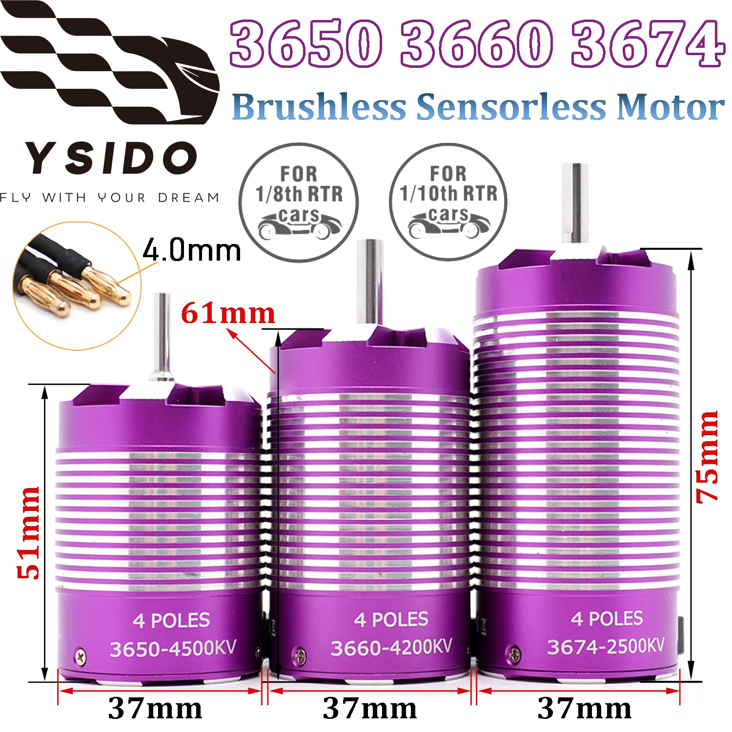 YSIDO 3650 3660 3674 Sensorless Brushless Motor 4 Poles 3.175/5.0mm for 1:8 1:10 WLtoys Tamiya Traxxas RC Off-Road Racing Buggy