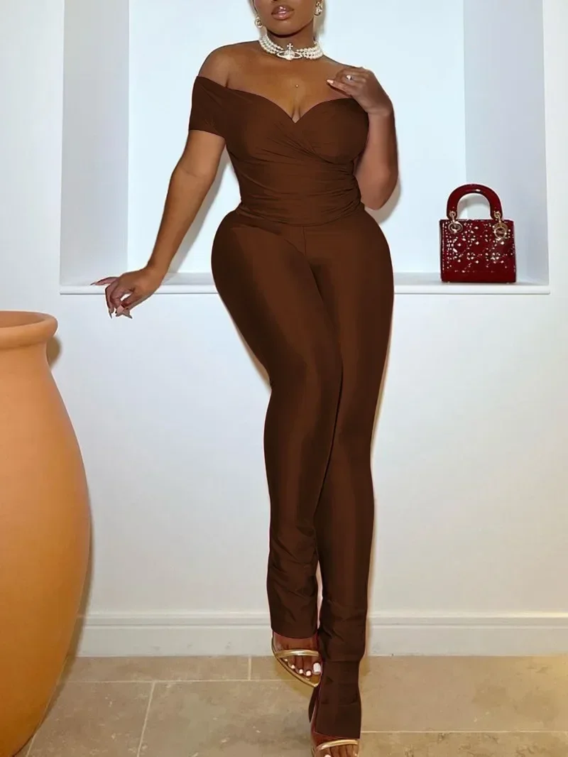 GUWU الصلبة أنيقة 2 قطعة مجموعات النساء الزي مثير كلوبوير عيد ميلاد قبالة الكتف الخامس الرقبة Ruched بلوزات وسراويل مطابقة مجموعات #2