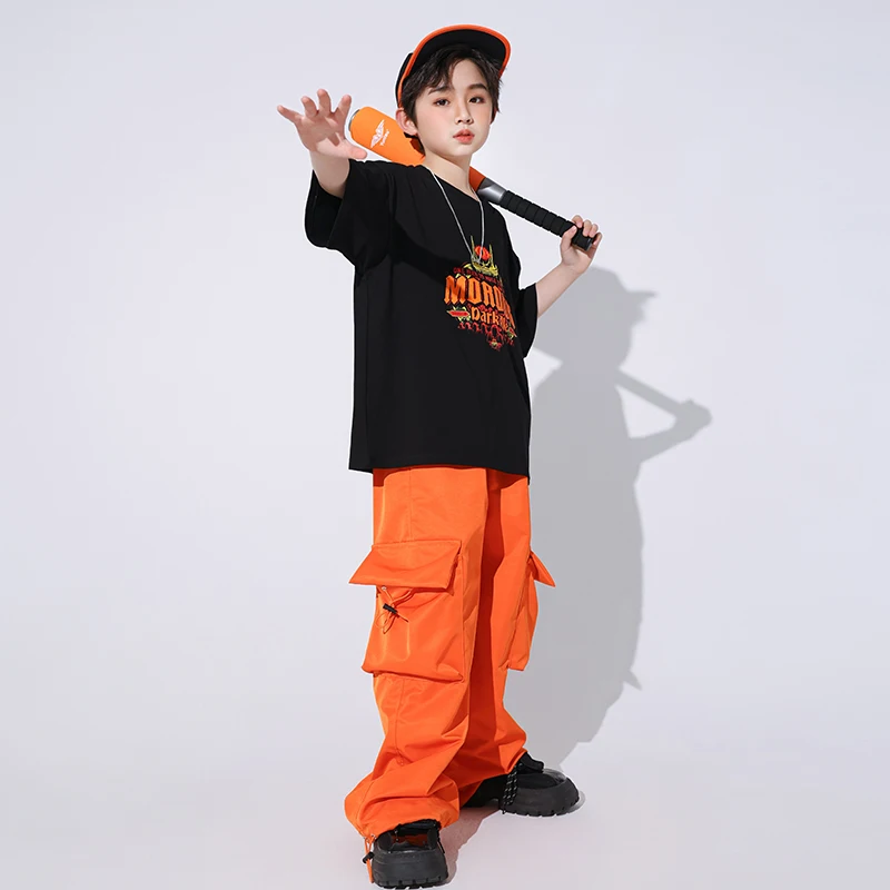 Balzaal Kids Hiphop Kleding Oversized T-Shirt Oranje Casual Cargo Broek Voor Meisjes Jongen Jazz Street Wear Dance Kostuum Kleding