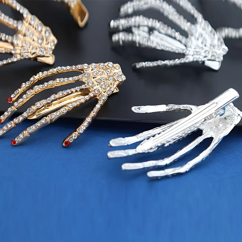 2-teilige Hand-Haarspangen mit Strass-Totenkopf-Motiv – silbernes Skelett-Hand-Design, Halloween-Accessoires, perfekte Partygeschenke – Detail 4