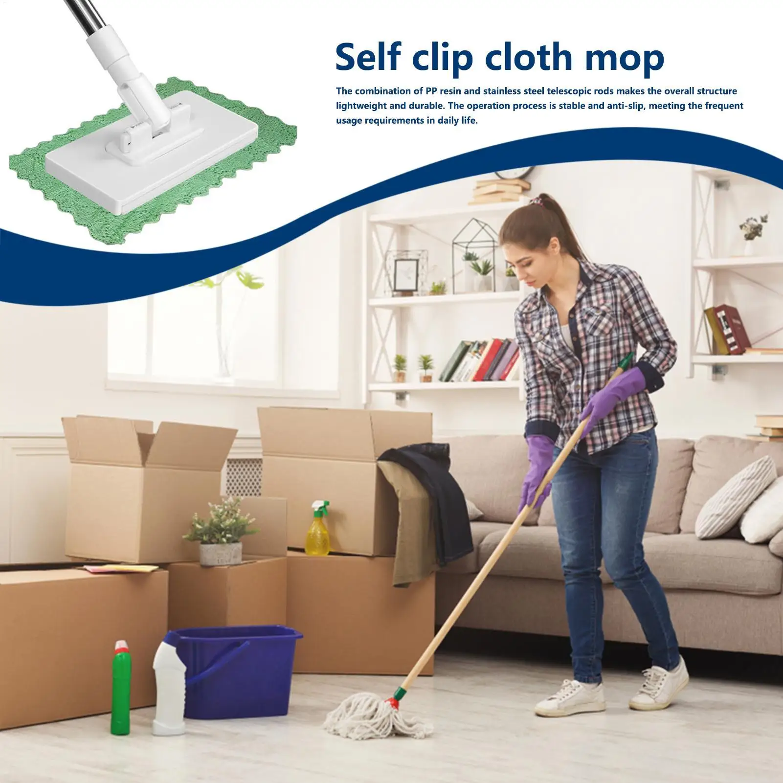 Freihändiger Wischmopp mit 4 wiederverwendbaren Tüchern, 360° drehbarem Kopf, automatischer Moppklemme, Handtuchmopp, Bodenreinigungsartikel