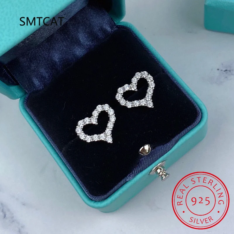 925 Sterling Silver Moissanite Diamond Stud Earring for Women Romantic Heart Earrings Shiny Clear CZ Wedding Engagement Jewelry