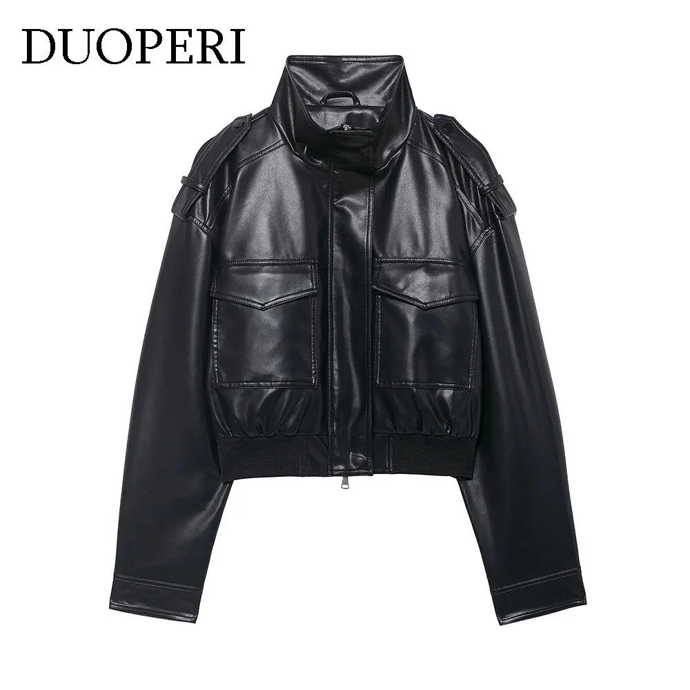 DUOPERI أزياء نسائية مع جيوب سترات سوداء من البولي يوريثان عالية الشارع برقبة عالية وأكمام طويلة معاطف نسائية أنيقة وأنيقة للسيدات