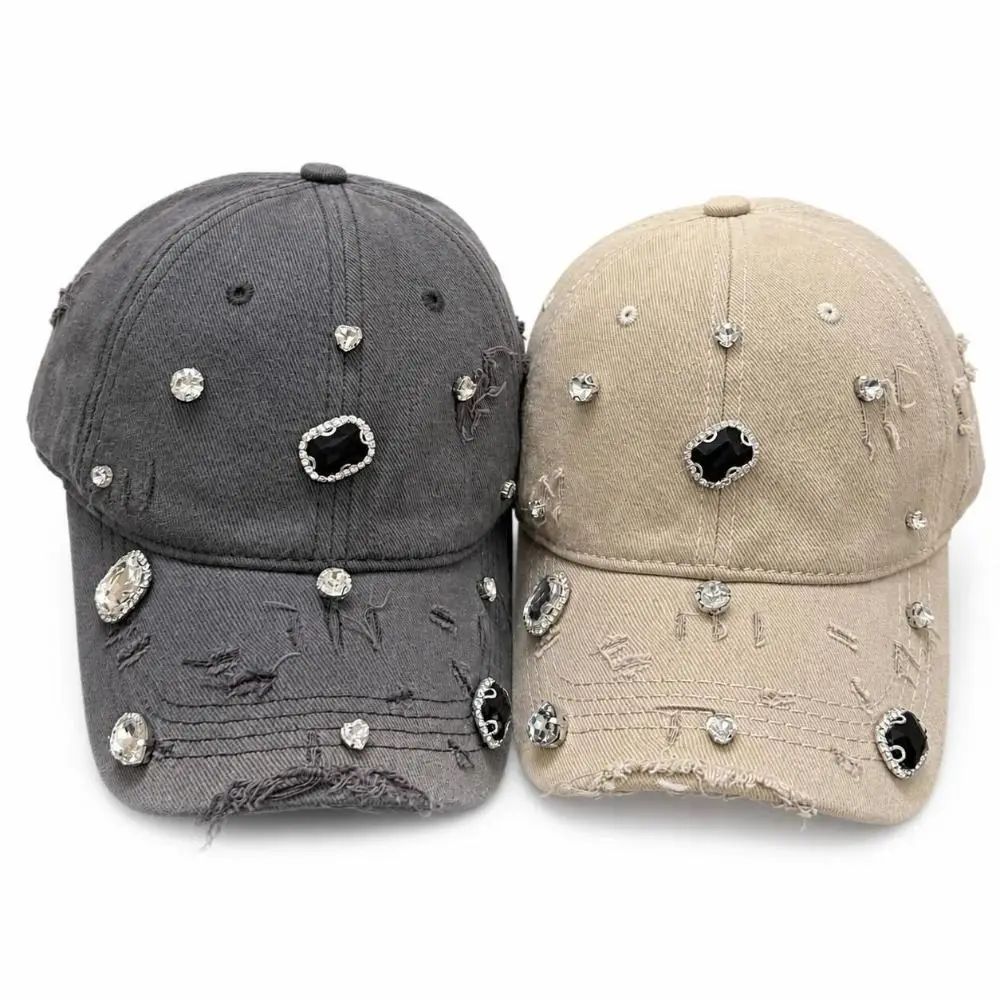 Cotton Rhinestone Baseball Cap Rhinestone Embellished Vintage Wash Hole Washed Hat Torn Effect Adjustable Snapback Tennis Cap