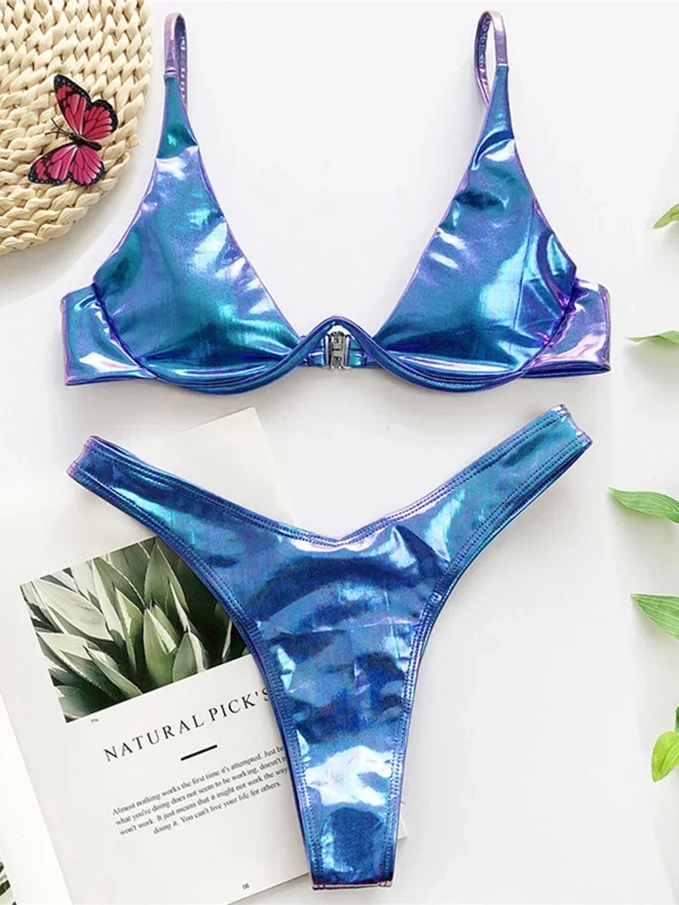 

PU Leather V-bar Underwired Bikini Female Swimsuit Women Thong Swimwear Two-pieces Bikini Set High Cut Bathing Suit Swim Lady