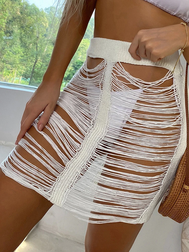 Women's Knitted Hollow Out Beach Skirt Sexy Solid Color Vacation Pencil Skirt Summer Cover Up Wrap Hip Mini Skirts Swim Coverups