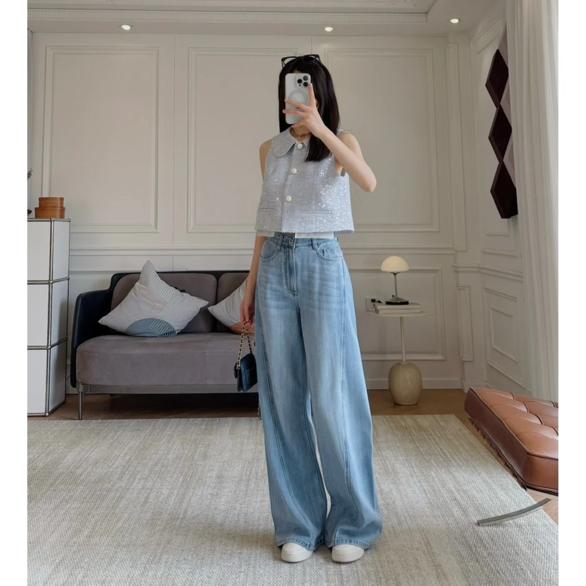 

Джинсы с высокой талией, прямые, классического кроя, с кожаной отделкой, широкие, повседневные, на молнии, с карманами, для женщин