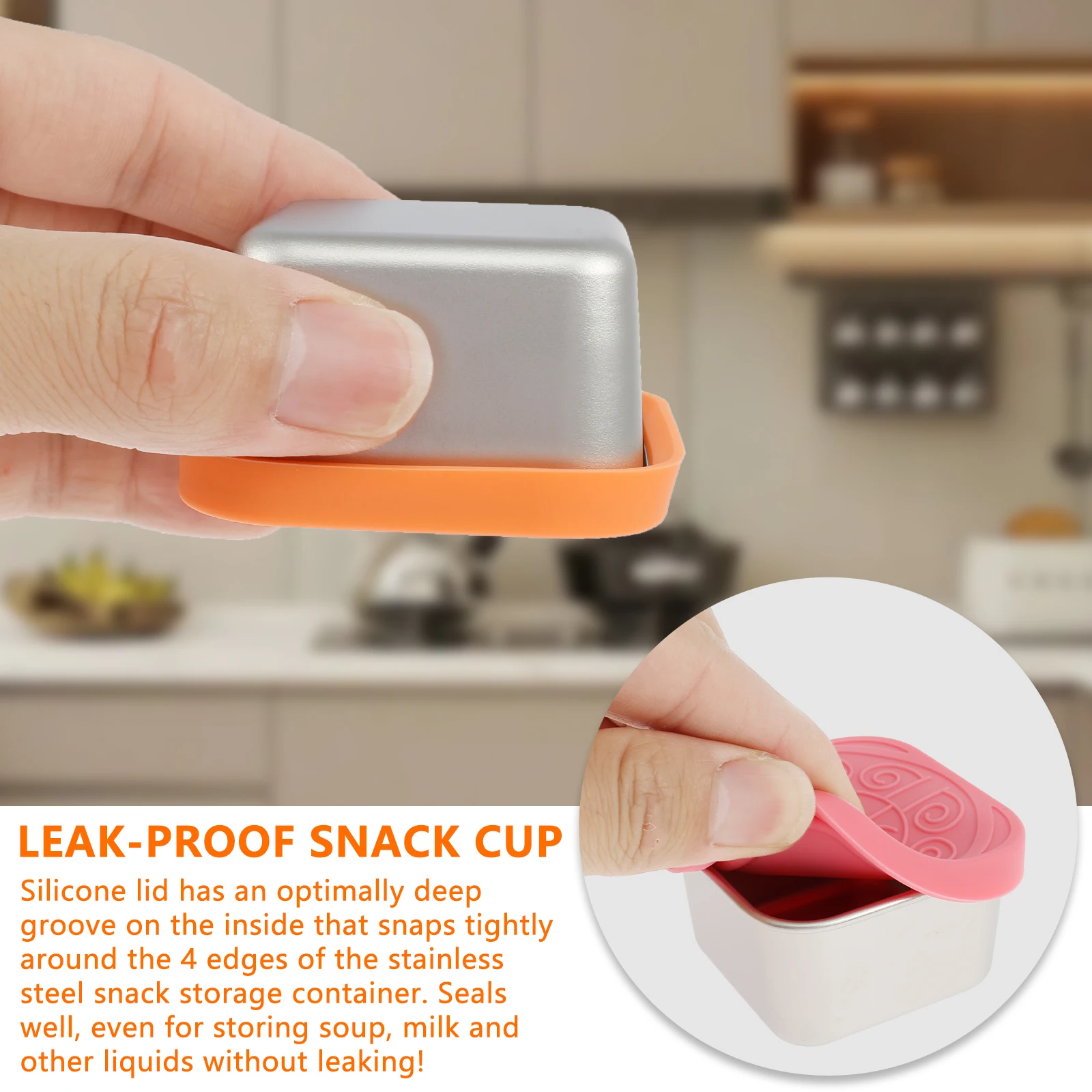 4Pcs Stainless Steel Snack Salad Box with Silicone Lid 2/6oz Leakproof Portable Stackable Sauce Container Dressing Food Storage