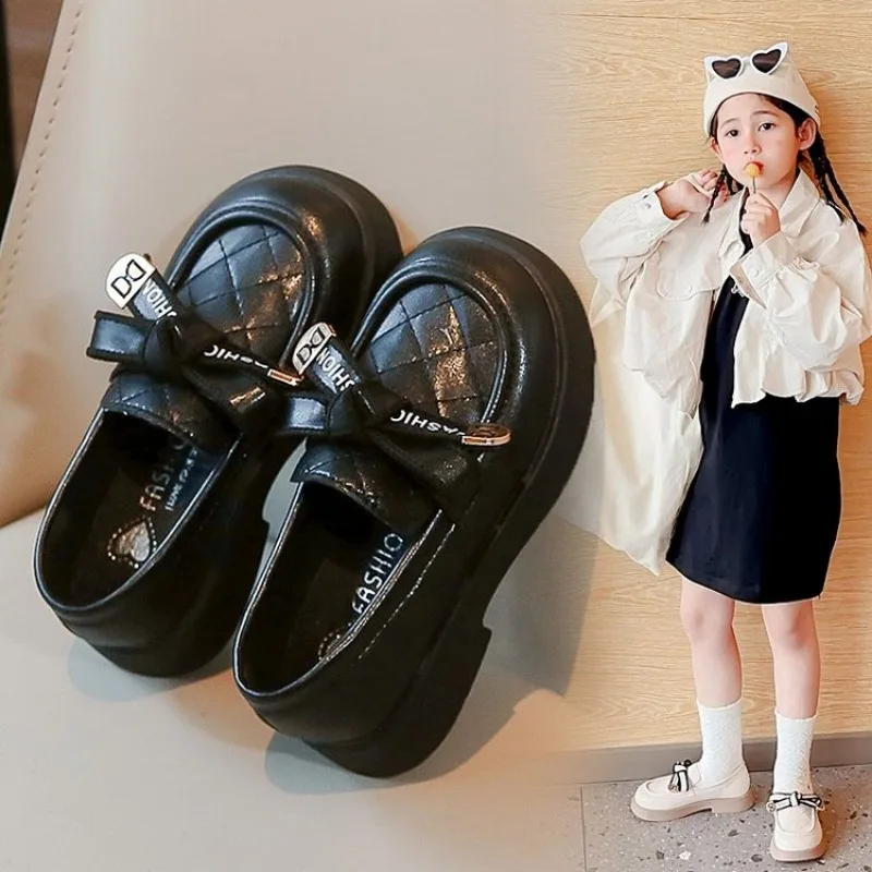 Girls' Leather Shoes 2024 Spring and Autumn New Little Girl Fashion Bow Princess Shoes Baby Soft Sole Anti slip Casual Shoes