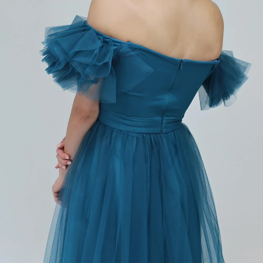 Tulle Front Slit Ruffles Zipper Back Off the Shoulder Sleeveless Exquisite and Graceful Evening Dress Sweep Train Floor Length
