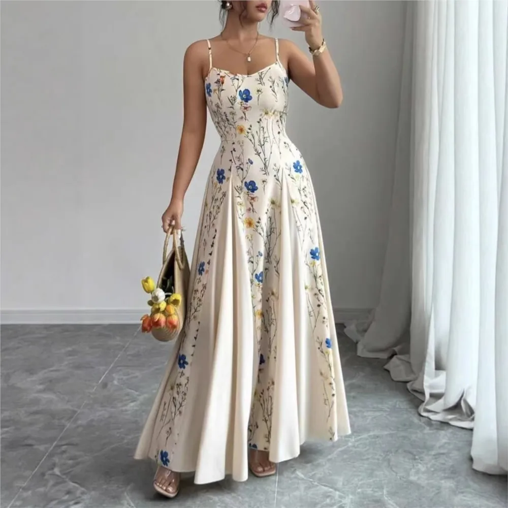 

Новое модное женское летнее платье с цветочным принтом, сексуальное, без рукавов, повседневное, свободного кроя, А-силуэт, длинная юбка, женские повседневные платья