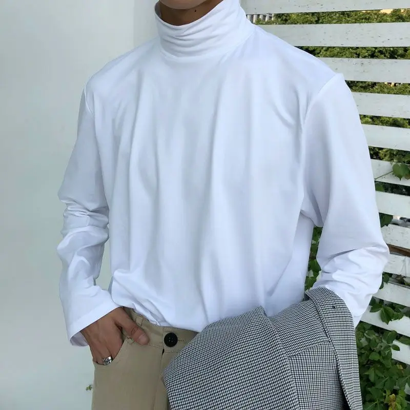 Korean Fashion Winter Fleece Half-high Collar Tshirt Men Solid Color Bottoming Shirt Casual Harajuku Long Sleeve Mens T Shirts