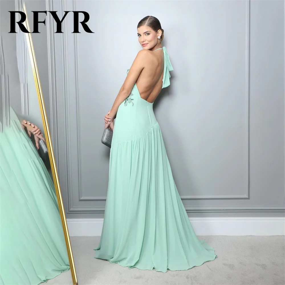 RFYR O Neck Beach Mint Green Evening Dresses Embroidery Charming Prom Dress Appliques Lace Party Dresses vestidos de noche