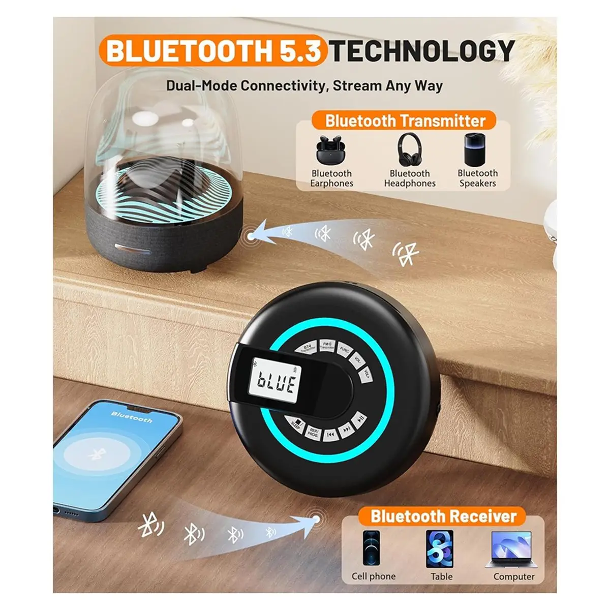 

Портативный CD-плеер Digital Essentials с динамиком, Bluetooth, FM-трансмиттером для автомобиля, поддержкой AUX/USB, ЖК-дисплеем