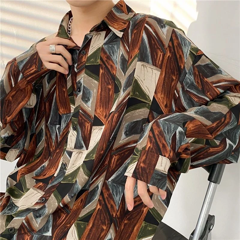 Antique Vintage Long sleeve Shirt for Men Streetwear Korea Style Fashion Design Clothes Full-printed Men\'s Hip Hop Top Shirt