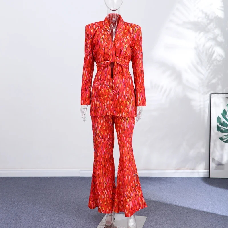 Modisches Damen-Blazer-Set mit Print, 2026, Langarm, Gürtel, V-Ausschnitt, Tailliert, Schlanke Damenjacke, Weite Hose, 2-teiliges Set – Detail 1