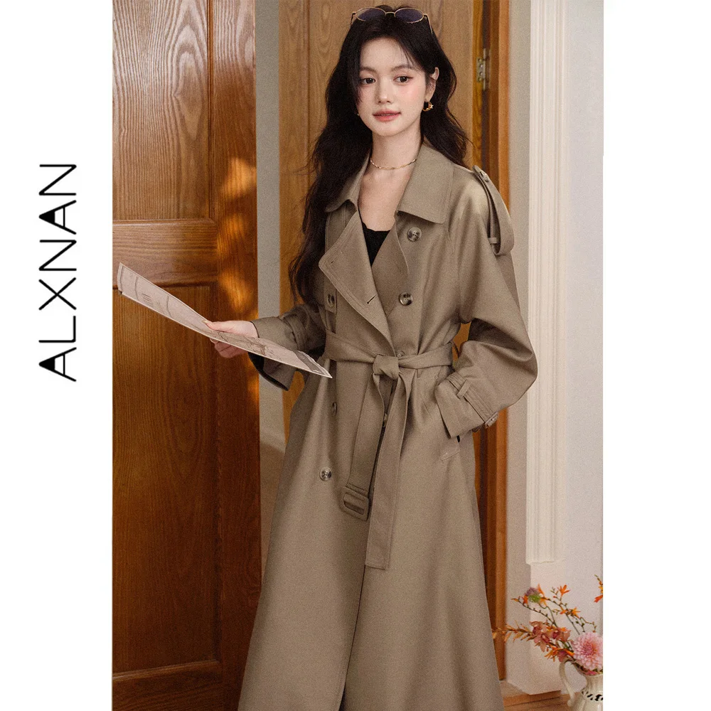 ALXNAN Brown Trench Coat Women 2026 Fall Long Sleeve Lapel Waist Tie Button Design Coat Elegant Fashion Female Outwears L68062