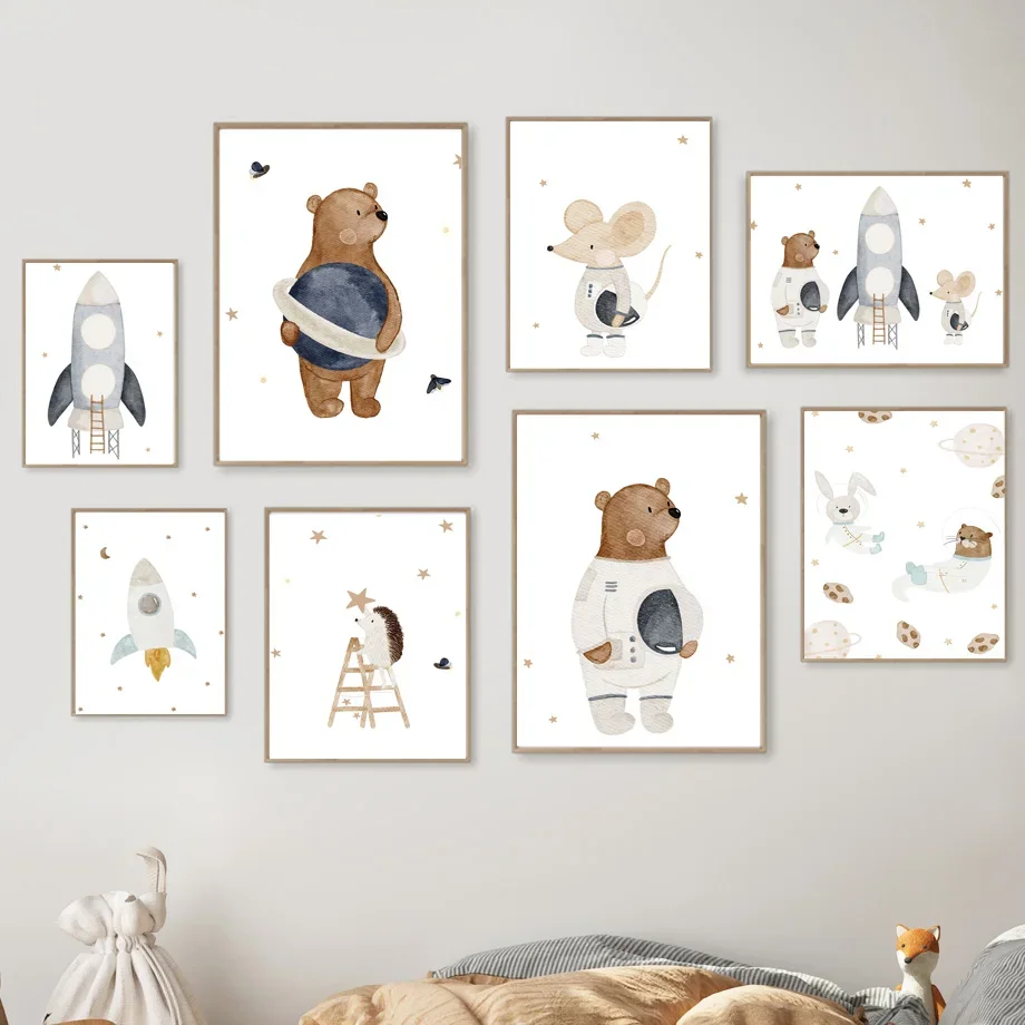 

Boho Space Rocket Bear Hedgehog Mouse Rabbit Nursery Wall Art Canvas Painting Posters And Prints Wall Pictures Baby Room Decor