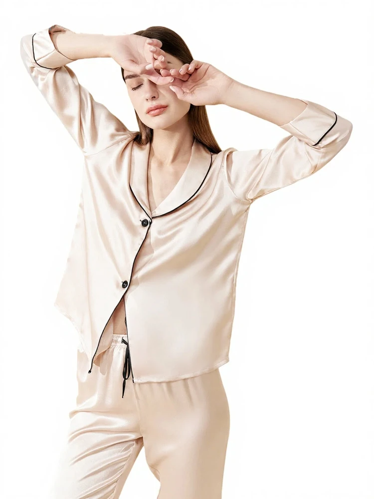 Heavy 100% Mulberry Silk Long Sleeve Cardigan & Trousers Pajama 2pcs Set Shawl Collar Elegant Lounge Wear PJ Button Down Pajamas