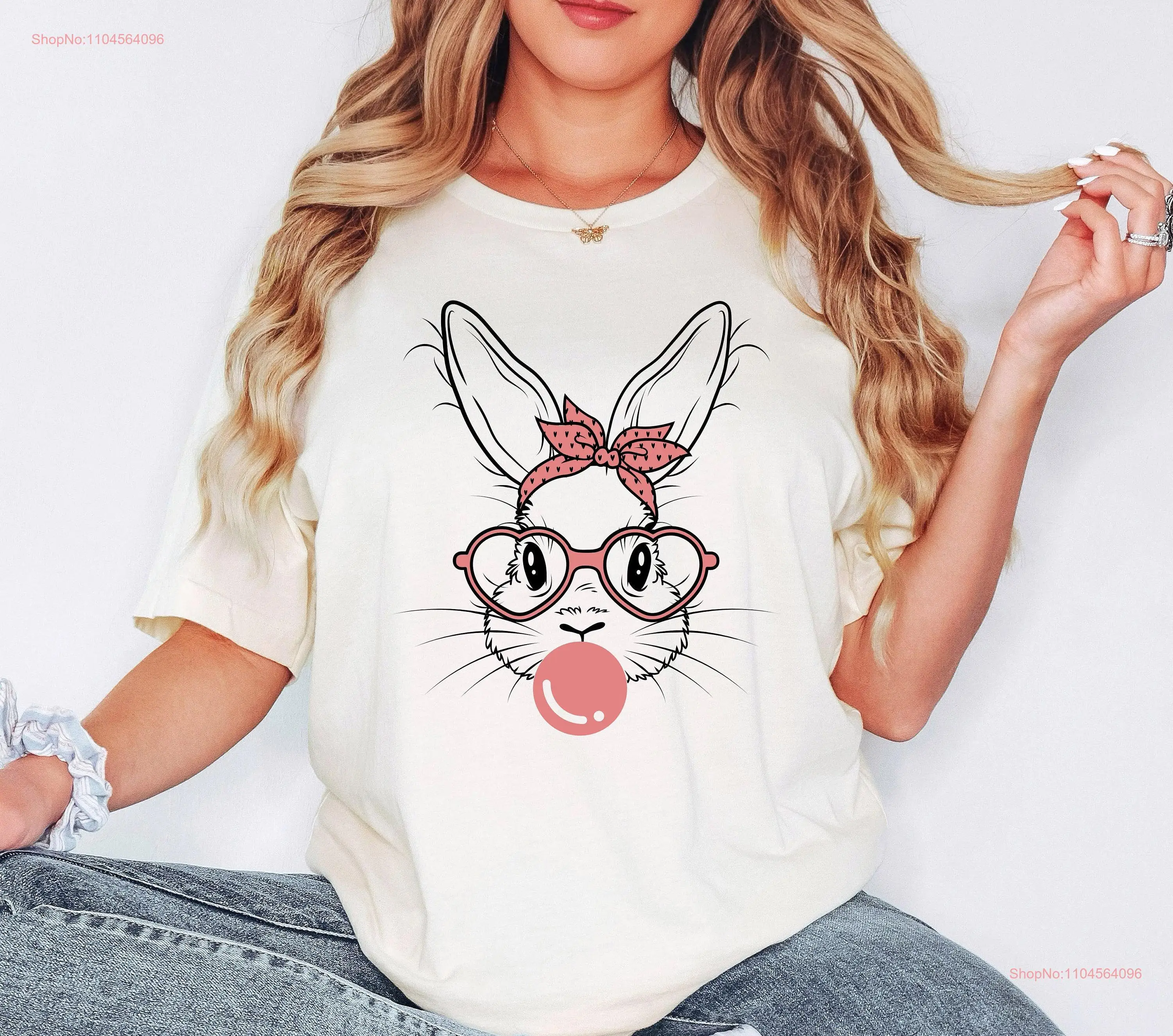 Bunny with Leopard Glasses shirt Easter graphic tee shirts for women Ladies Bubble Gum T long or short sleeves