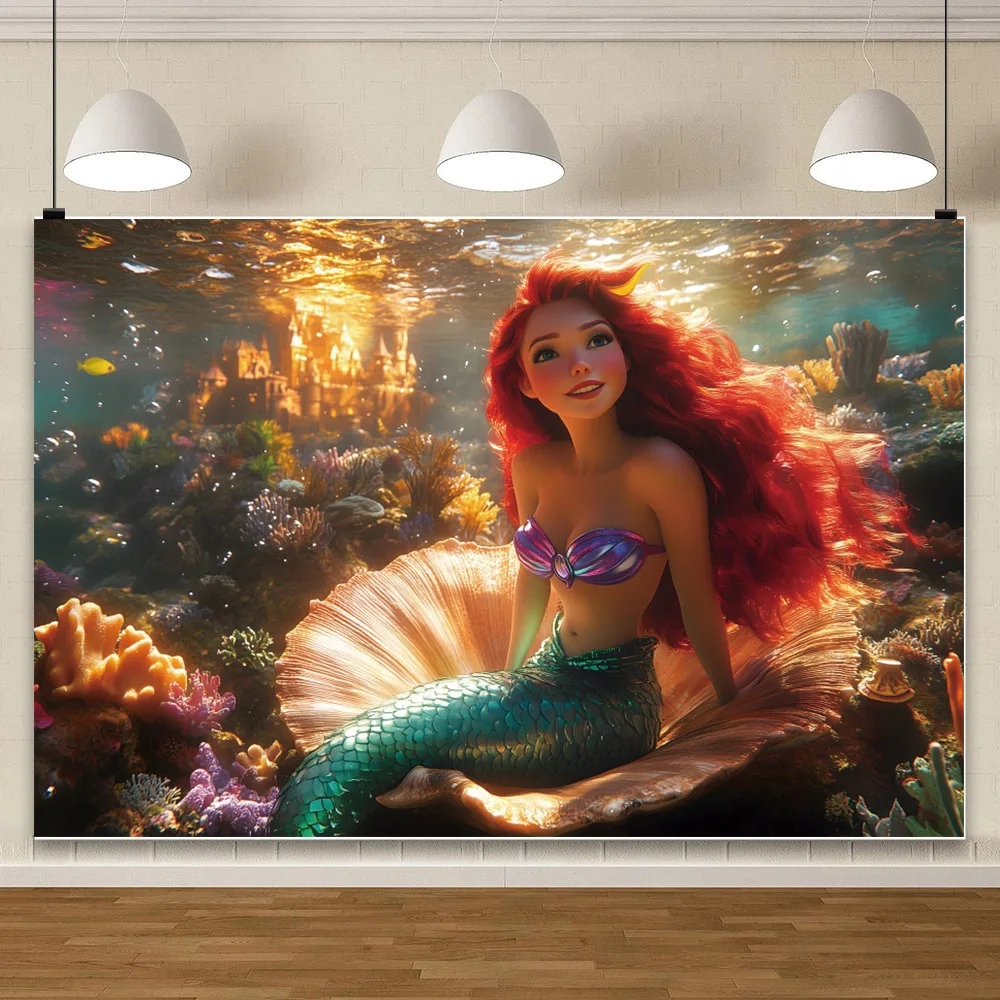การ์ตูน Mermaid พื้นหลังการถ่ายภาพ Baby Shower Girl ภาพฉากหลังวันเกิดตกแต่ง Props อุปกรณ์สตูดิโอฉลอง