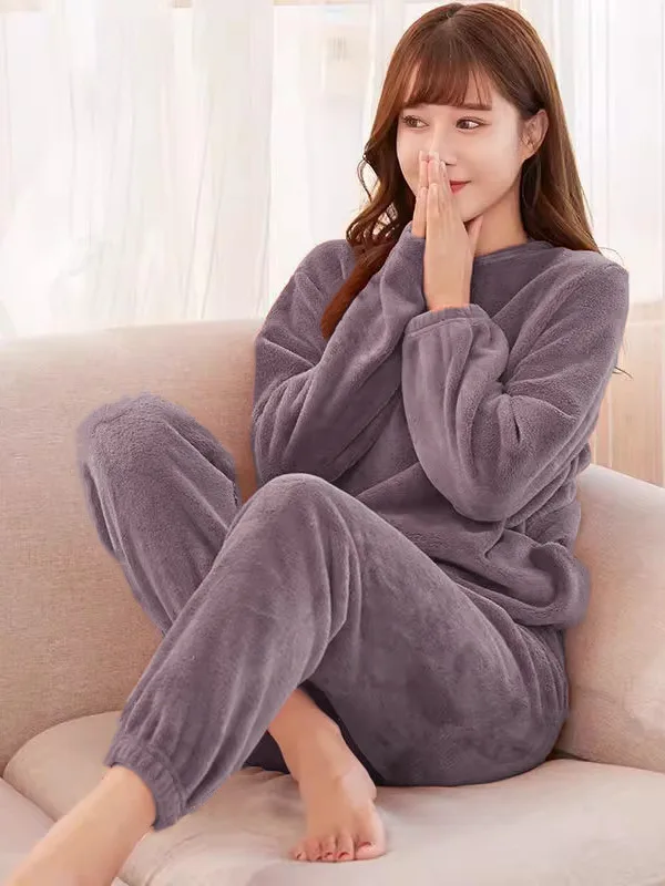 

Women's Coral Fleece Pajamas Winter Thickened Flannel Sleepwear Casual Loungewear Long Sleeve round Neck Home Clothes Set