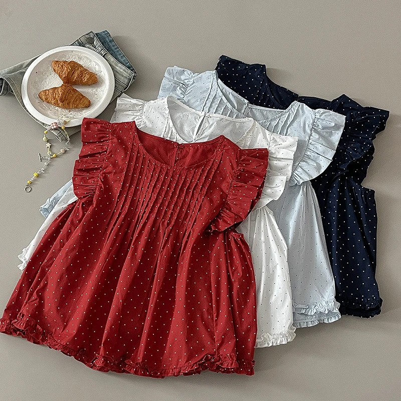 

Wedbleser Flower Flying Sleeve Wave Dot Round Neck Sleeveless Shirt 2025 Summer New Women Fresh Temperament Set Top