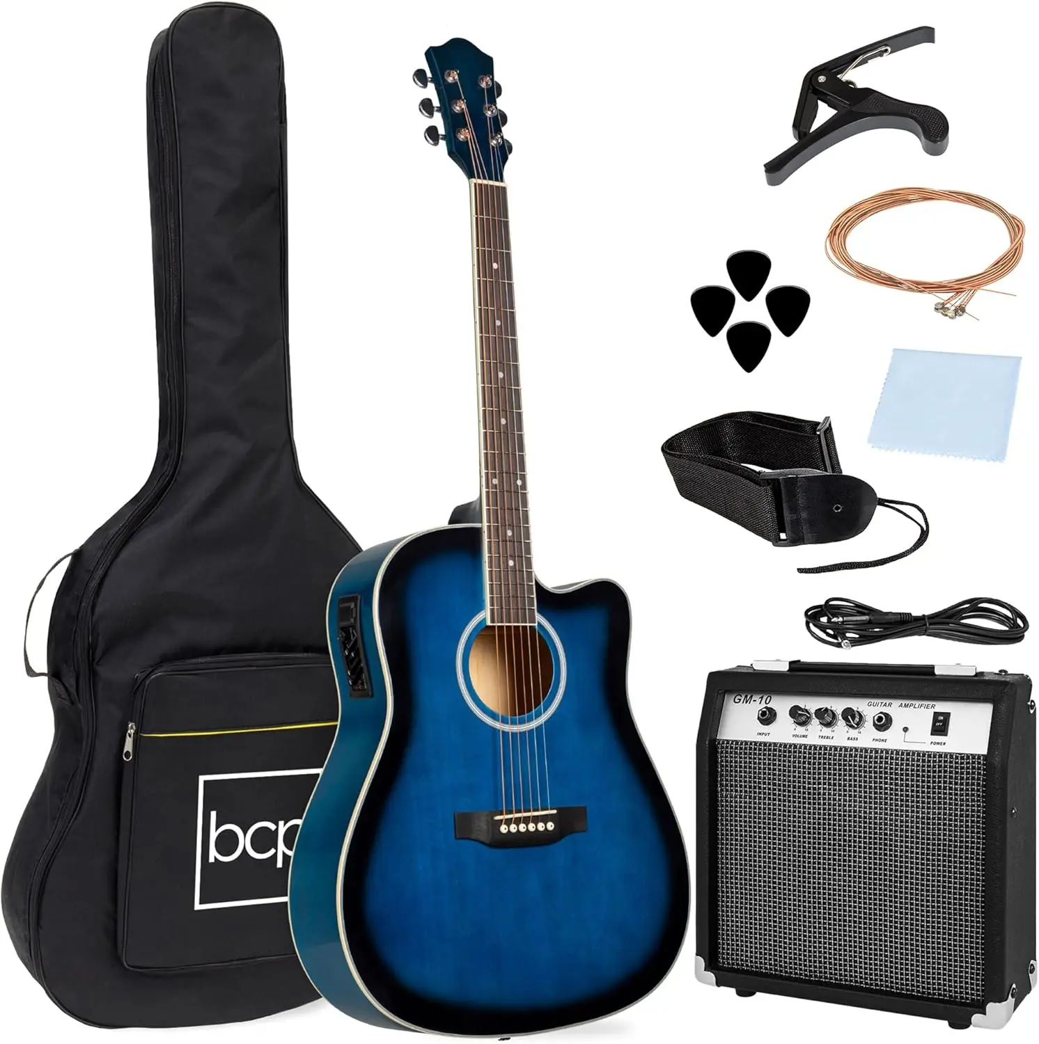 Beginner Acoustic Electric Guitar Starter Set w/ 41in, All Wood Cutaway Design, Case, Strap