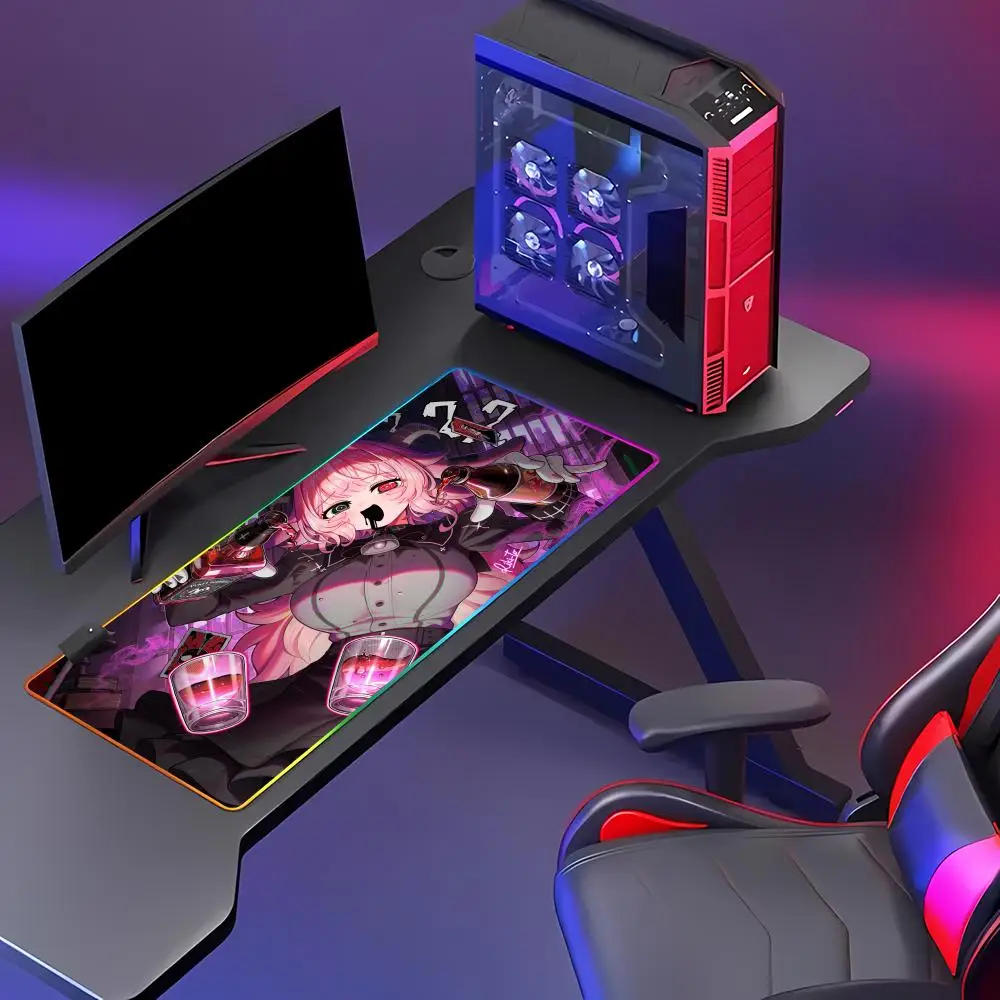 HYBXAXC Gothic Pink Horn Demon Girl Gaming Mouse Pad  RGB Gaming Mouse Pad HD Gamer Large LED Light XXL PC Computer Non-slip