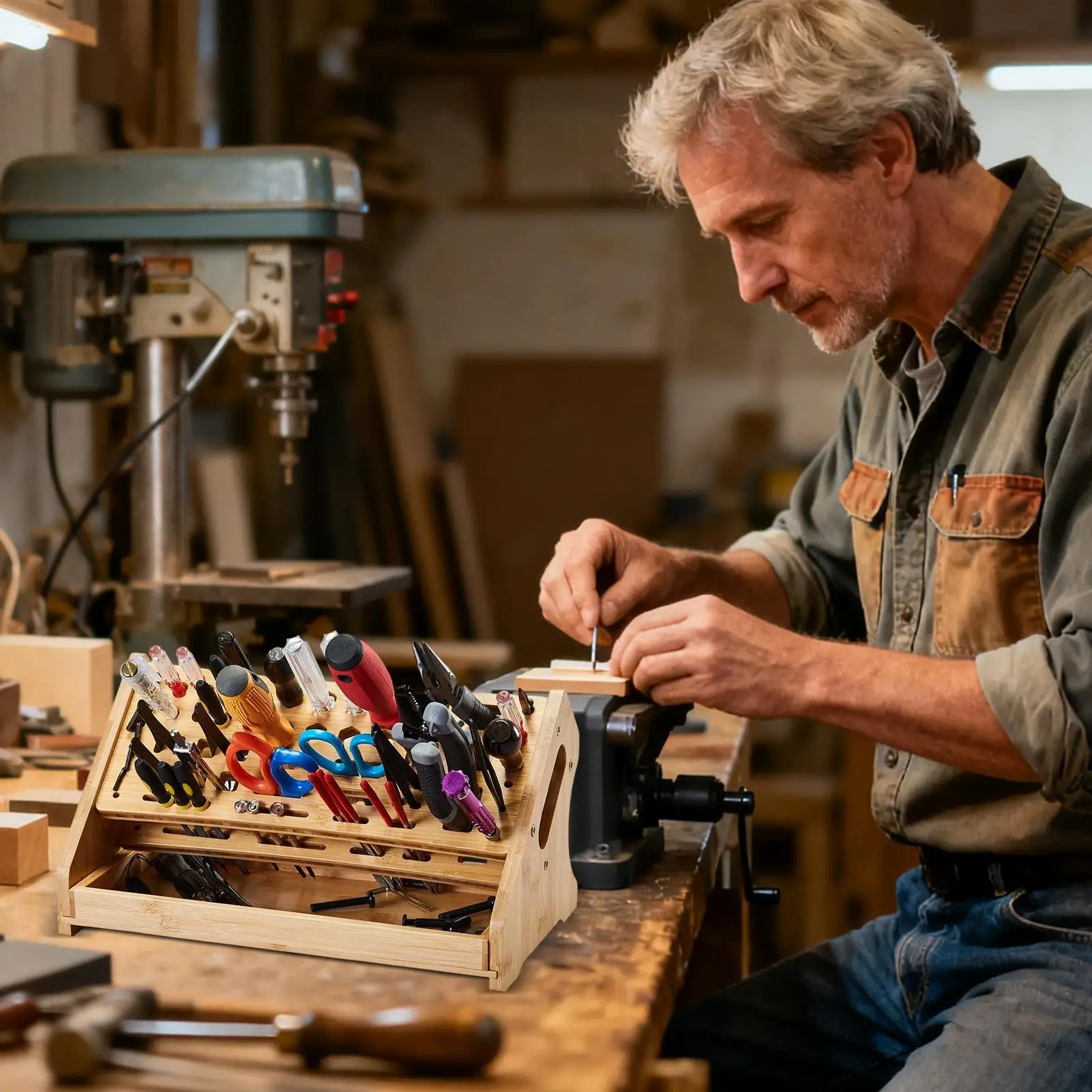 

Держатели отверток, органайзеры, деревянная подставка для хранения с 53 отверстиями и подносом, органайзер для ручных инструментов для ремонта хобби, настольная книжная полка