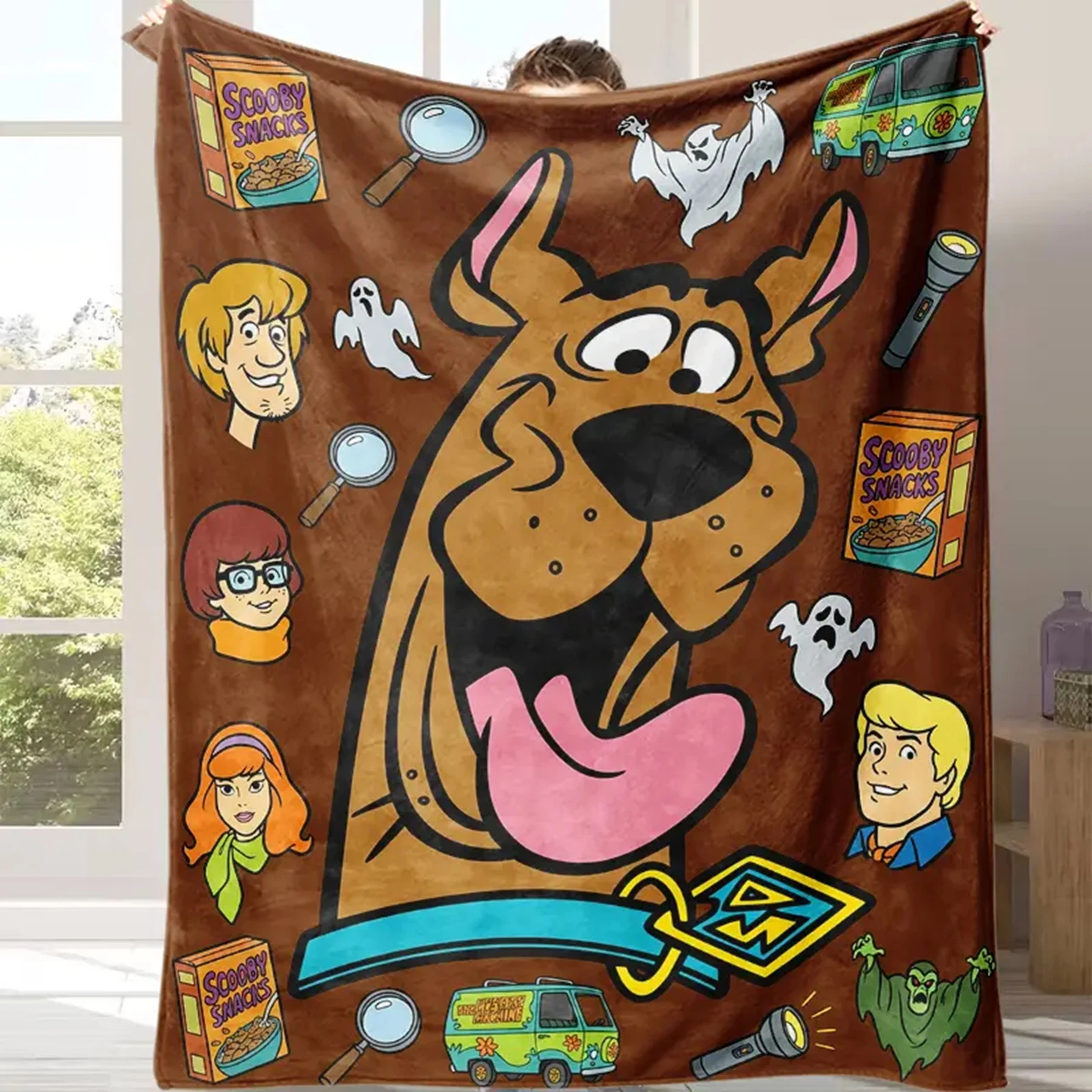 Cartoon Character-Inspired Flannel Blanket -- Soft Warm, Room Decor, Mysterious Robots Ghosts Snacks Prints, Ideal for Fans
