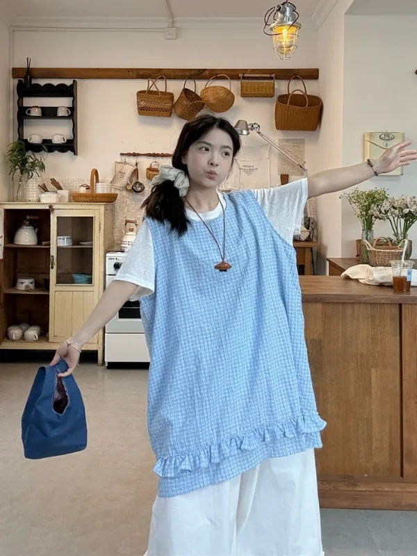 

plus Size Women's Vintage Japanese Style Plaid Vest Shirt Summer New Design Sensation Slit Top Trendy High Waist Loose Fit