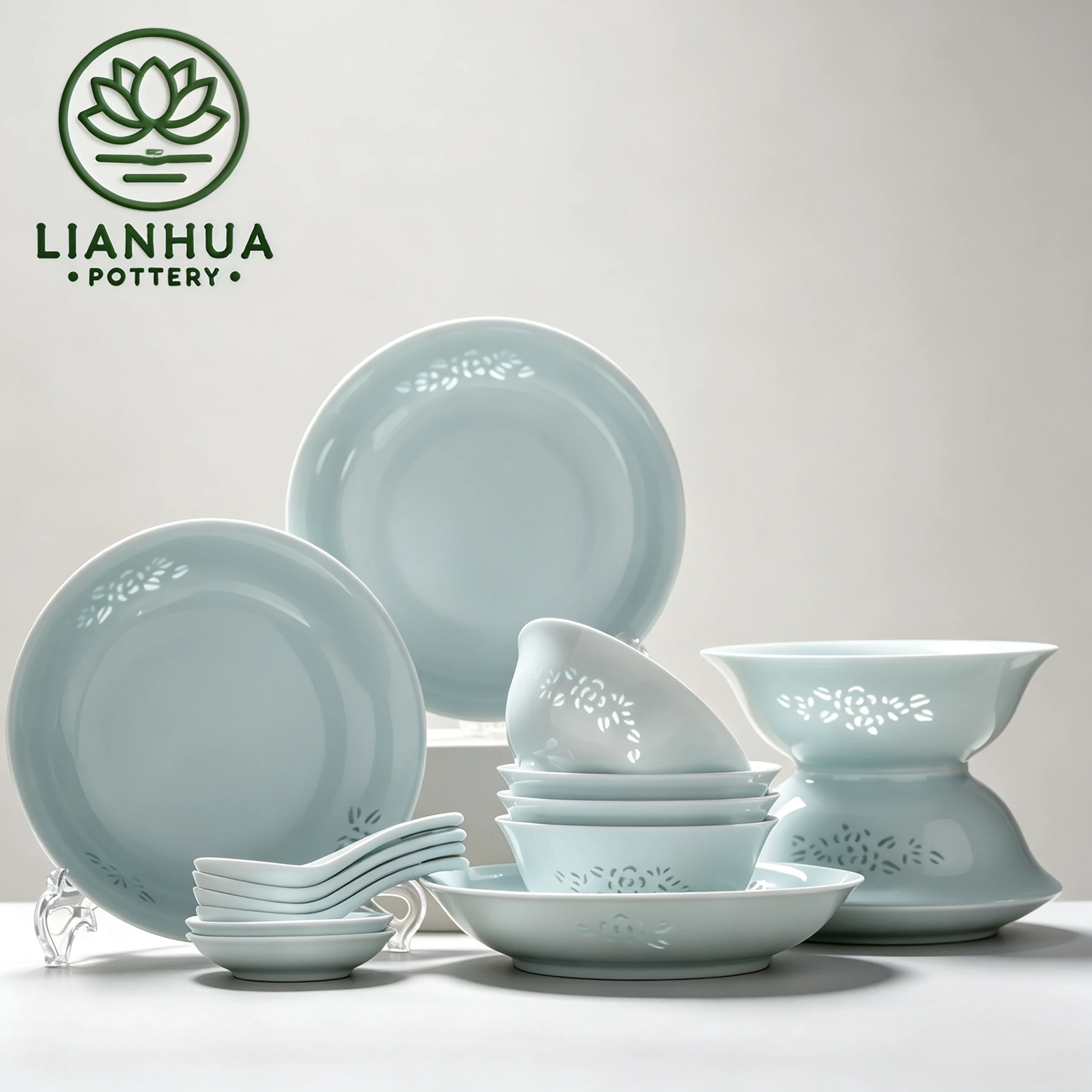 LIANHUA POTTERY Custom Linglong Celadon Porcelain Tableware Set – Handcrafted Jade-Glazed Rice Grain Ceramic Premium Gift