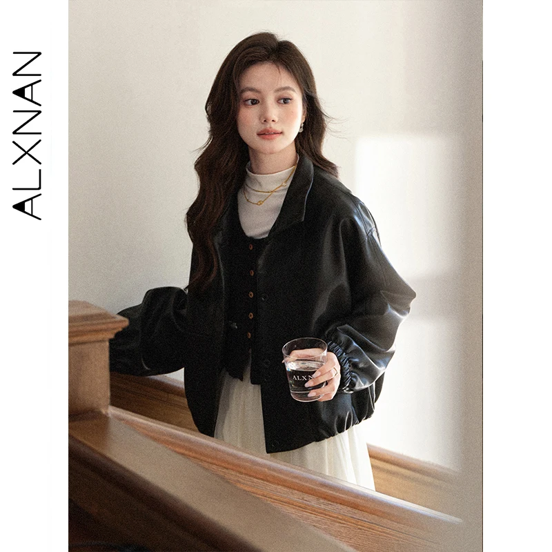 ALXNAN 黒女性のレザージャケット 2025 秋冬ショートカジュアルルーズフィットジャケットエレガントなドロップショルダーコート女性 L57938