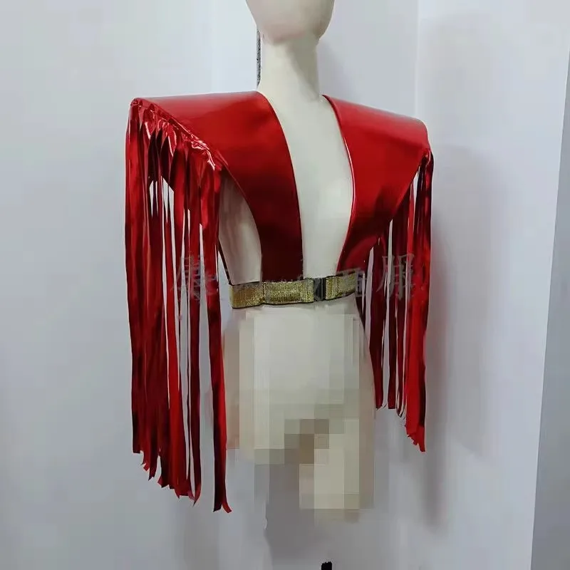 Men And Women Red Silver Tassel Vest Fringe Armor Pads Dance Costume Accessories for DJ Gogo  Singer Show Stage Performance