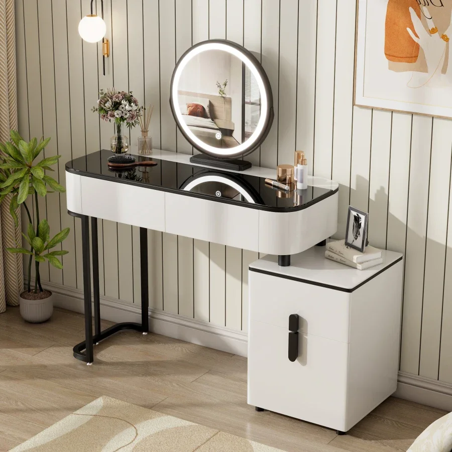 Modern Vanity Table with Tempered Glass Top, Adjustable Height Legs, Multi-functional Storage Cabinet and Round Mirror, White a