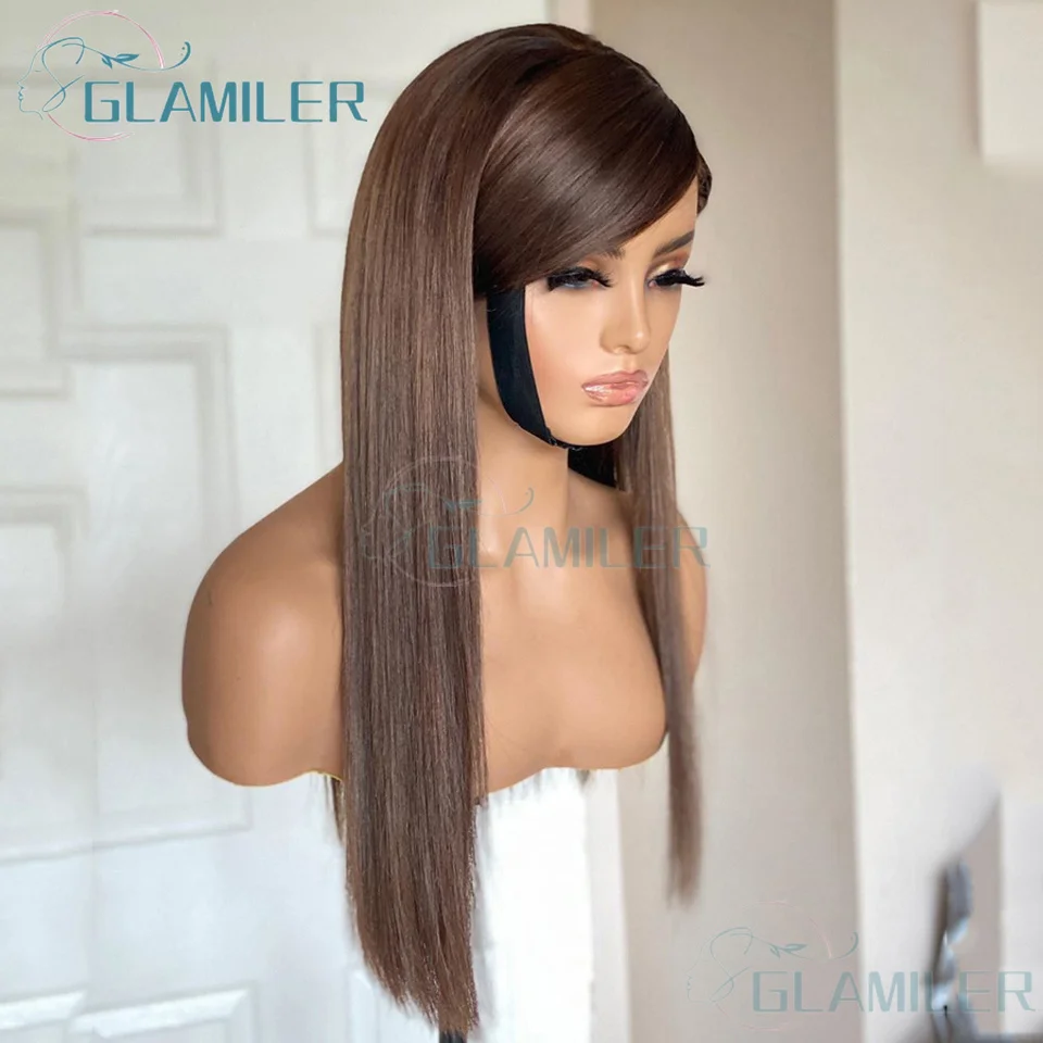 #2 Transparent Dark Brown Straight Silk Top Human Hair Wigs Pre Pucked Chocolate Brown 13x4 13x6 Lace Frontal Wig for Women