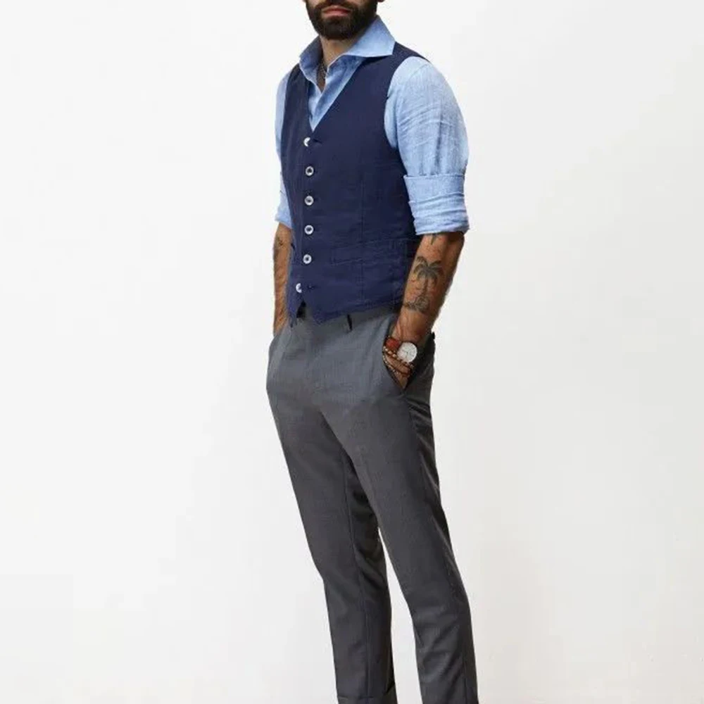 Navy Blue Cotton Linen Vests for Men V-neck Waistcoat Boutique Jacket Casual Vest Groosmen Male Groom Wear Clothing Man