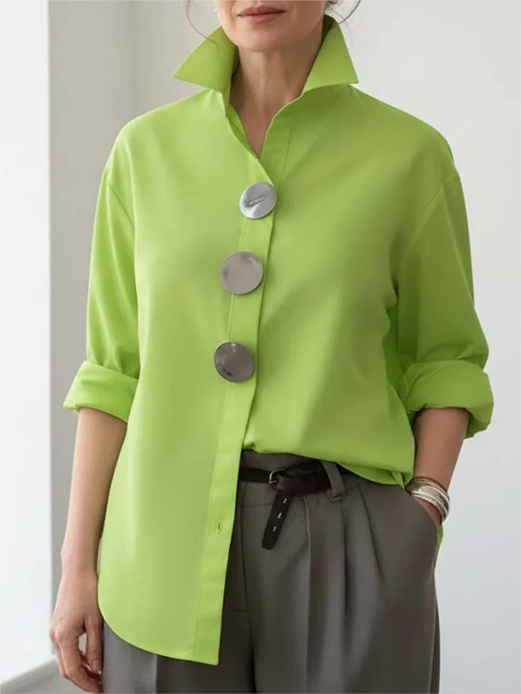 Atasan Kemeja Longgar Polos Kasual Wanita Kemeja Kerah Mode Musim Semi Musim Panas Blus Lengan Panjang Atasan Kancing Logam Blus Wanita Kantor