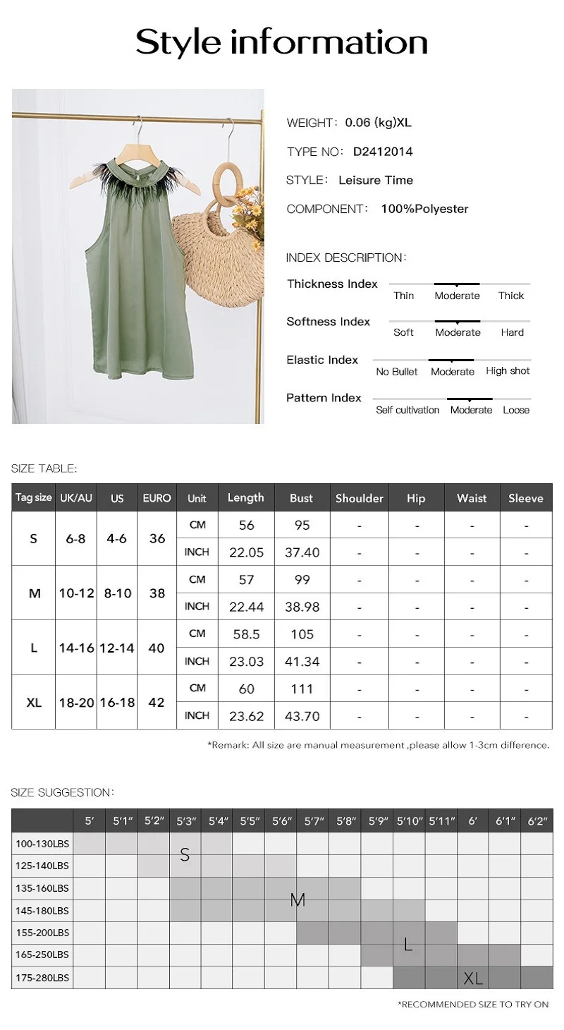 2024 Spring Summer Lady T-shirt Temperament Casual Sleeveless Stand Collar Feather Top Green Pullover Commuting Woman Clothing