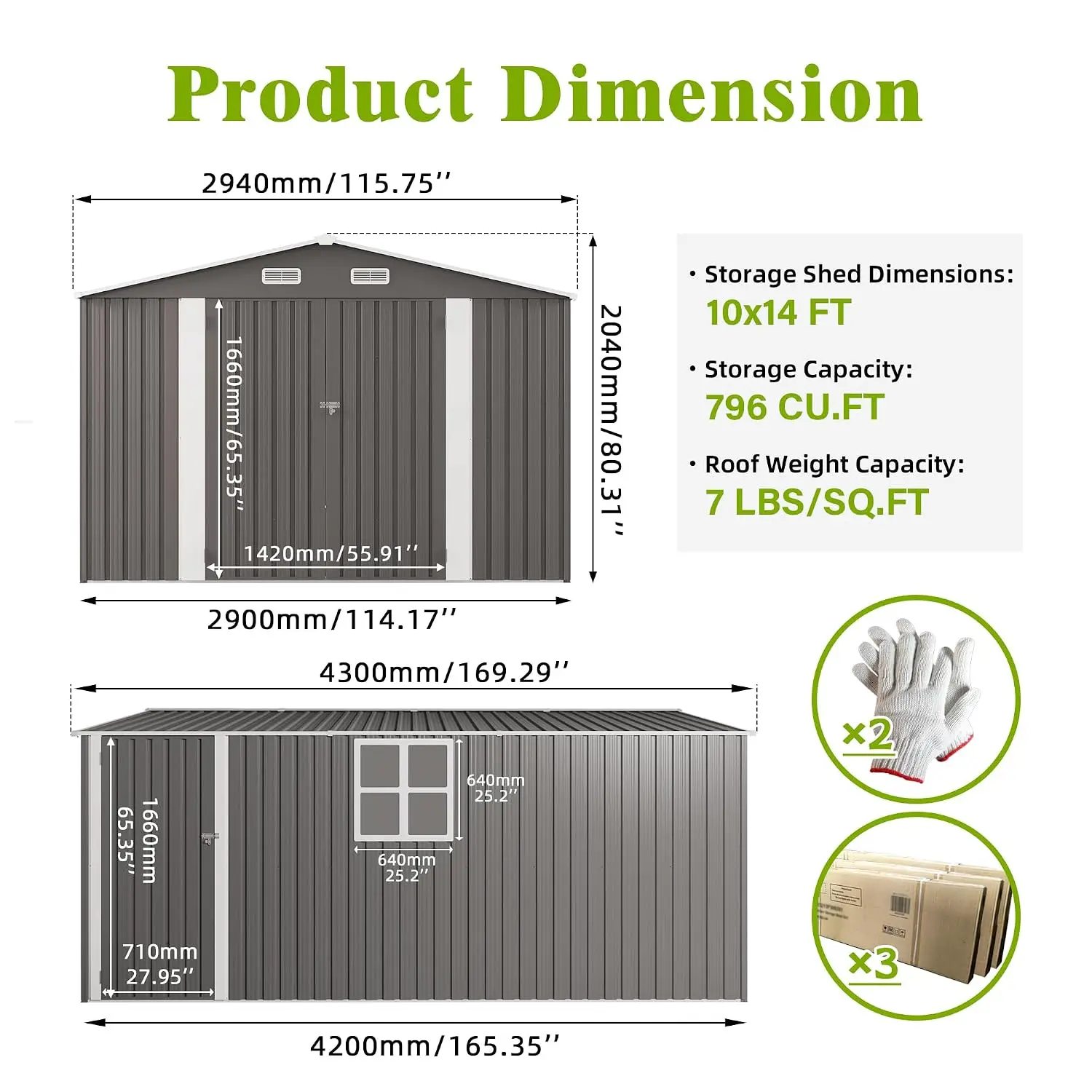 10x14 FT Metal Outdoor Storage Shed with Side Door & 2 Windows, Waterproof Tool Building with 4 Vents, Gray, Customized