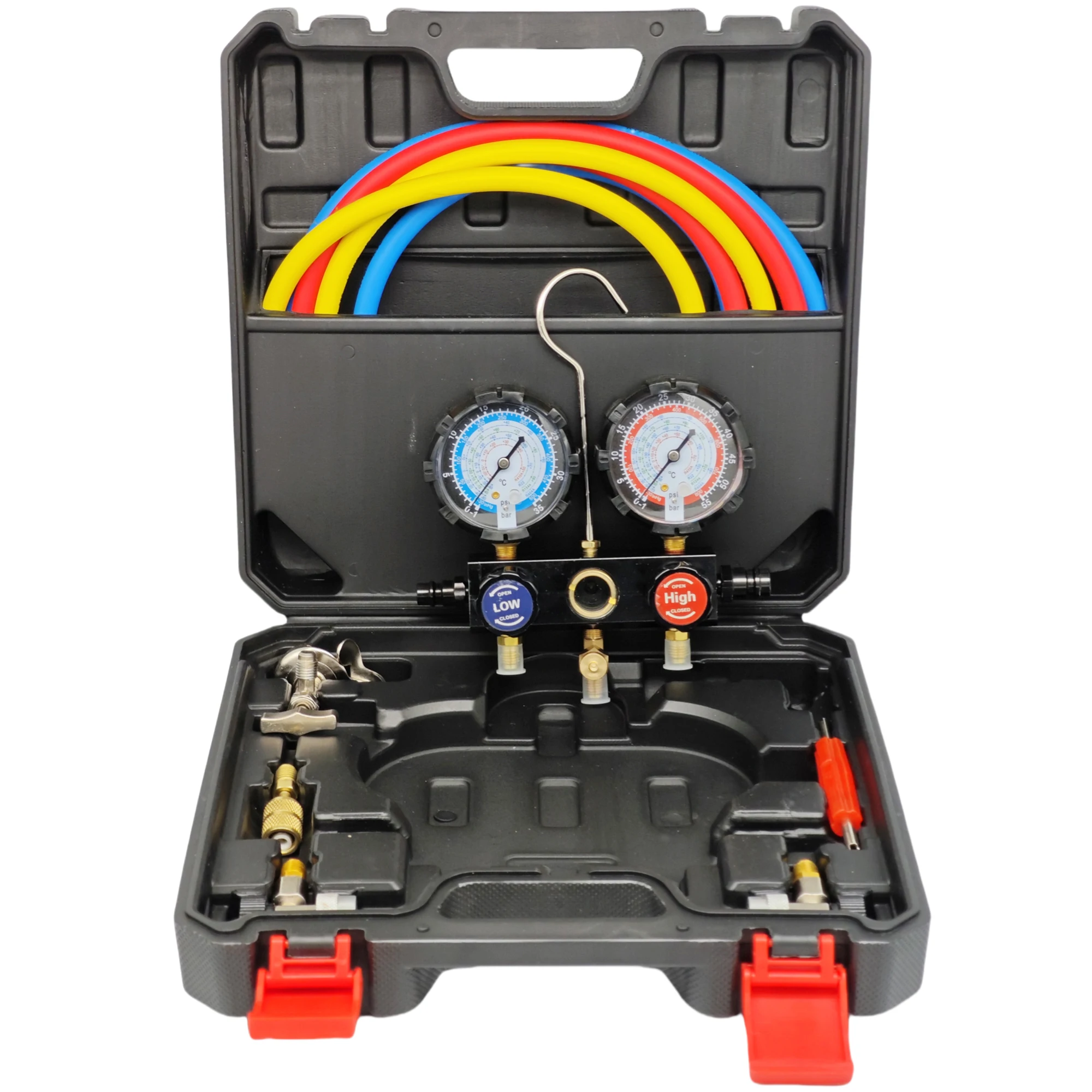 5-Way Dual Value Manifold Pressure Gauge Set, A/C Refrigerant Charging Tool with Quick Coupler Adapter digital pressure gauge