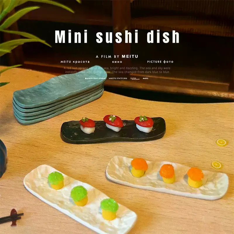 1/12 Dollhouse Accessories 3 mini sushi plates, rock patterned steak plates, long plates, mini decorative scene decorations