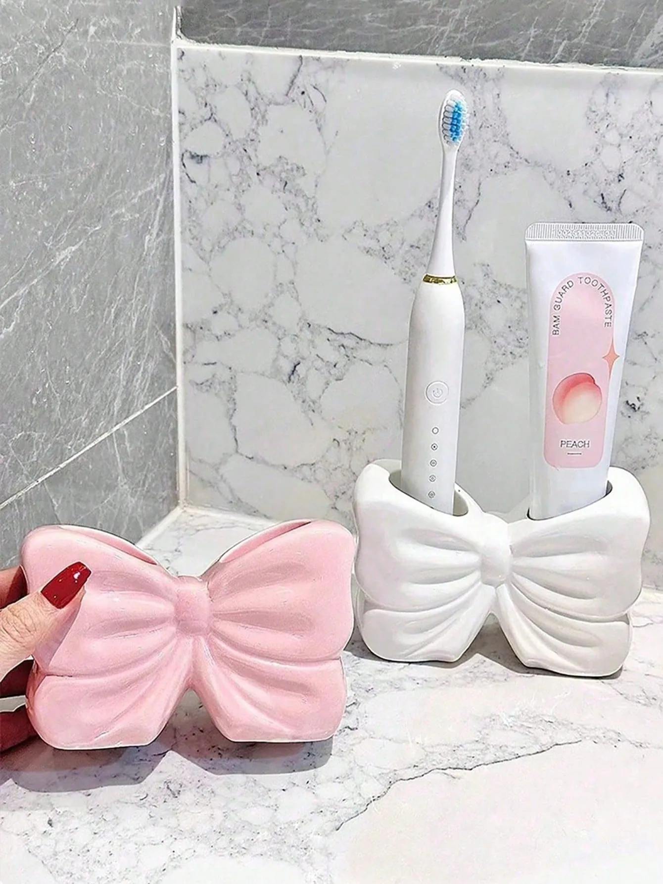 1 Stück Ins Style Dual Slot Bowknot Zahnbürstenhalter, kreativer Badezimmer-Waschtisch-Organizer für elektrische Zahnbürste und Zahnpasta