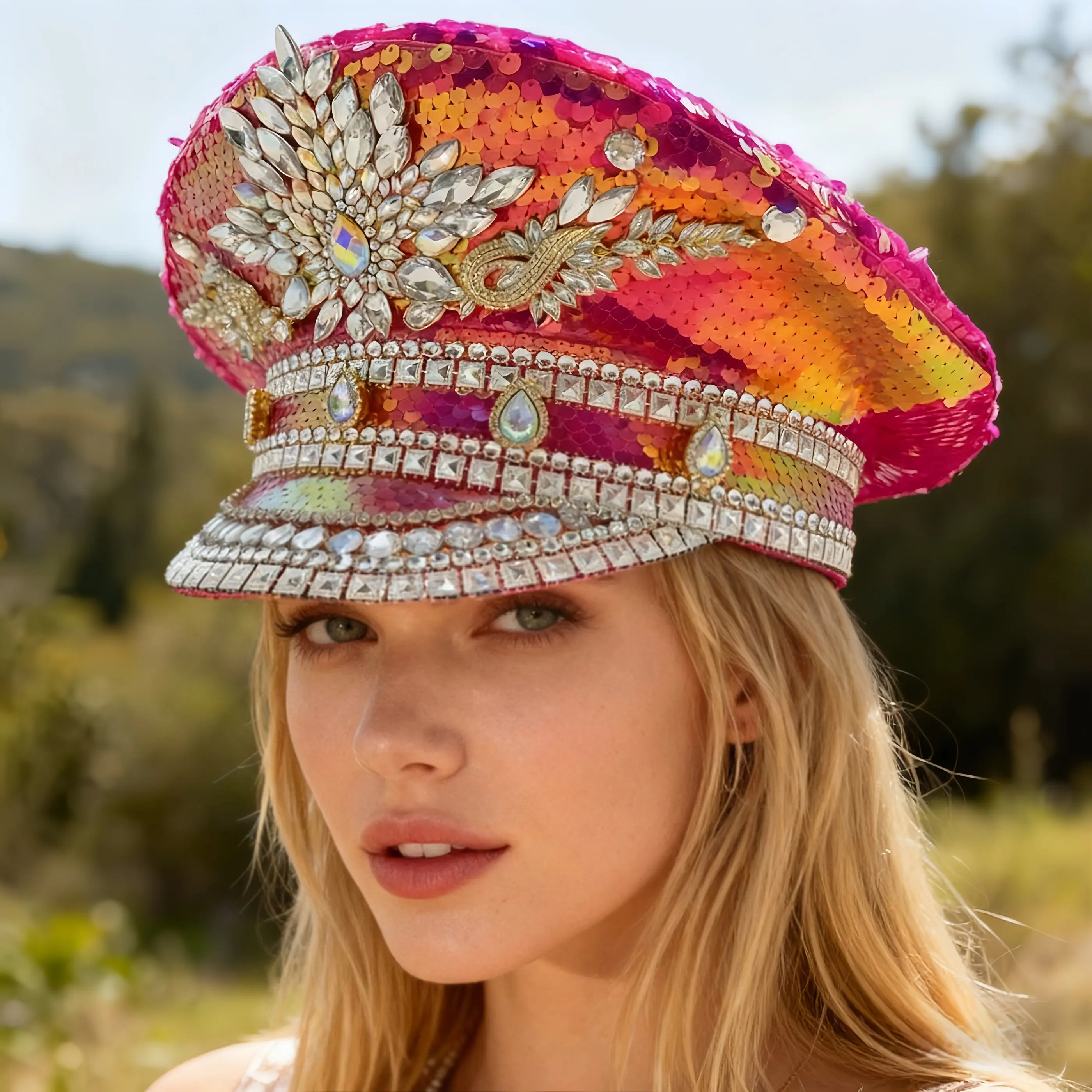 

HongLuan красная роскошная шляпа капитана в стиле стимпанк со стразами для женского фестиваля Burning Man, винтажные военные аксессуары и кепка в стиле милитари