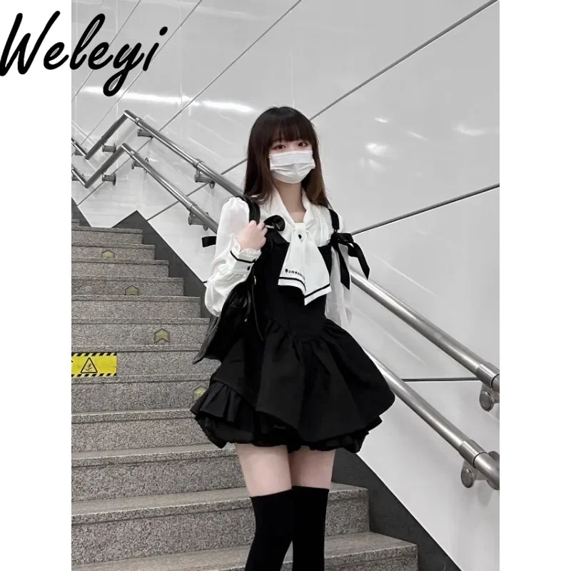 

Women's Kawaii Poleras After School Romantic Uniform French Navy Style Chiffon Breathable Organ Pleated Long Sleeve White Shirts