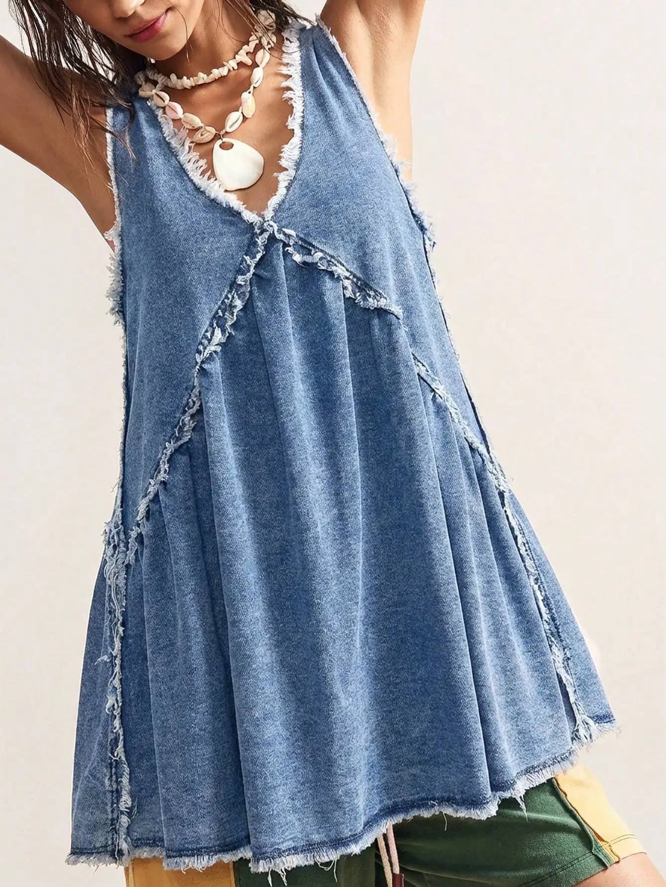Vestido vaquero bohemio sin mangas, corte holgado, cuello en V, mini vestido para mujer, informal, para verano y vacaciones